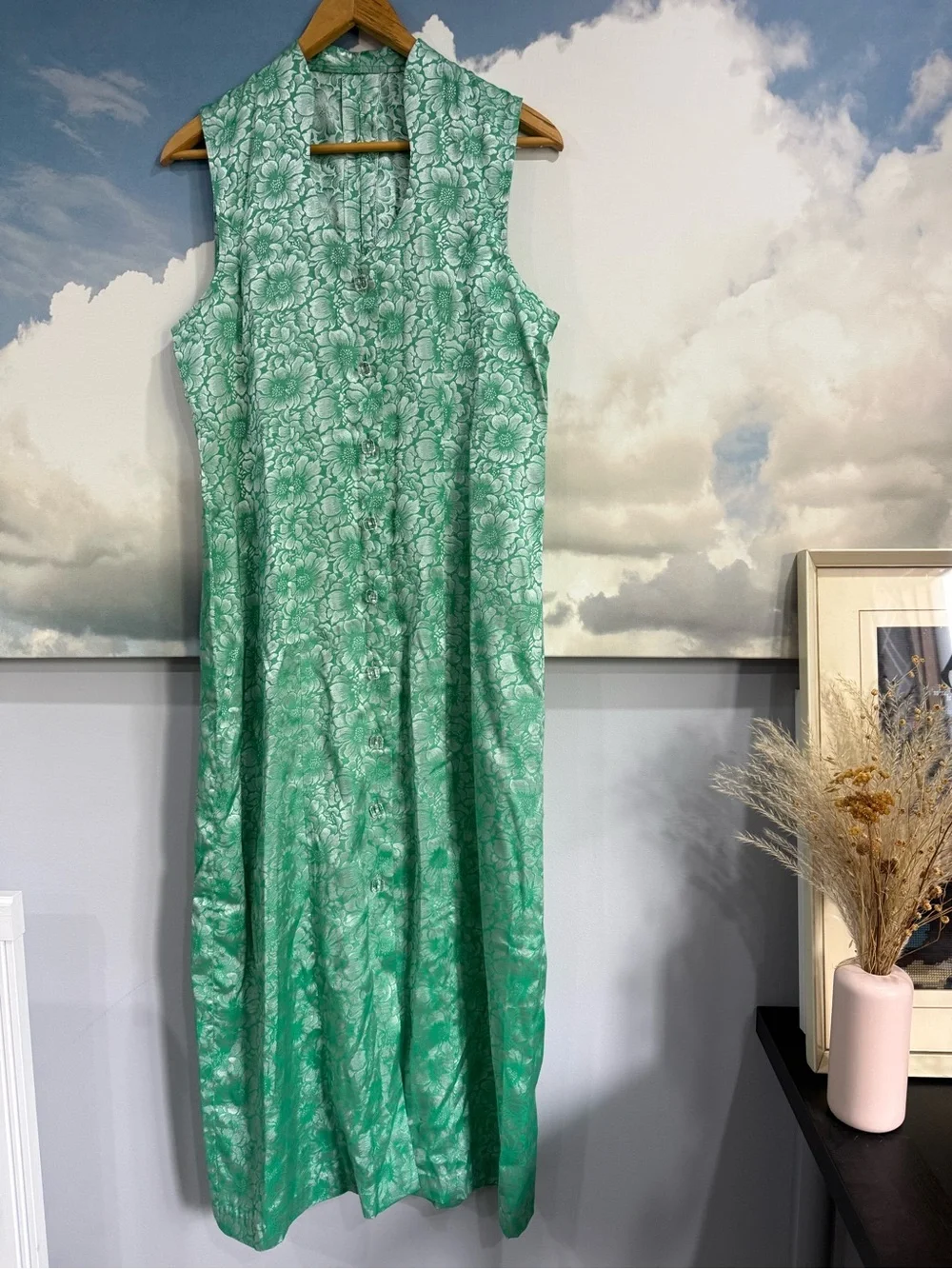 Vintage Floral Maxi Dress | Jacquard Brocade Metallic | Button Up Sleeveless - Picture 2 of 11